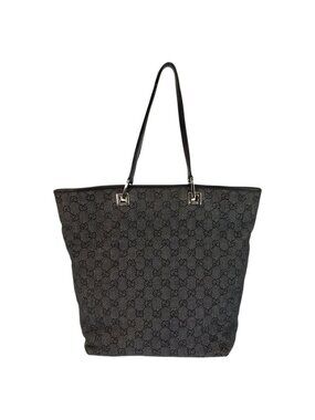 Gucci Black Silver GG Canvas Leather Tote Shoulder Bag